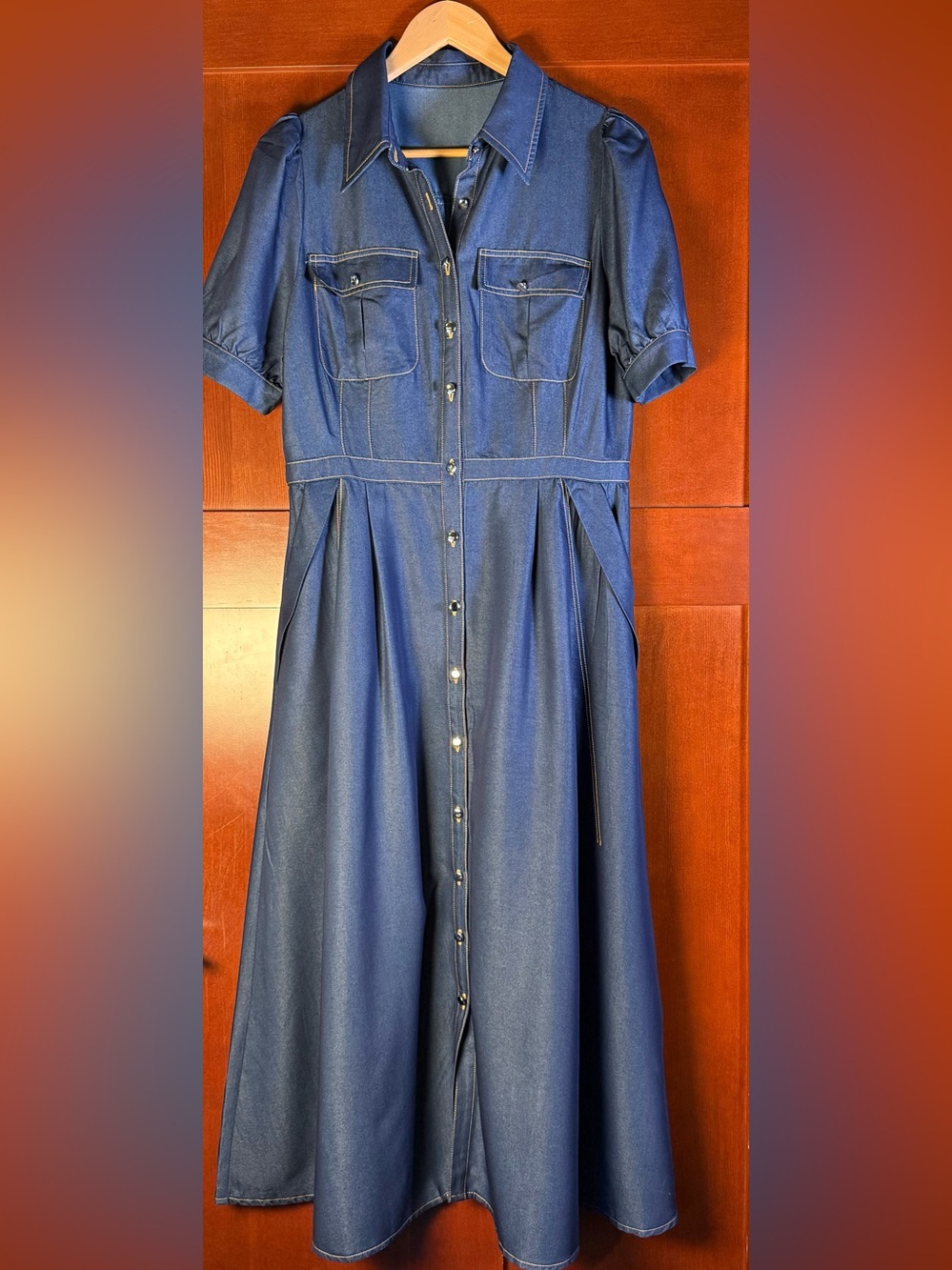 Blue Button Front Maxi Shirt Dress Size L Puff Sleeve NWOT